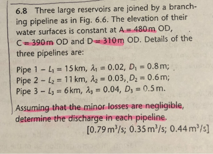 6.8 three large reservoirs are joined by a branch- ing pipeline as in fig. 6.6. the elevation of their water surfaces is cons