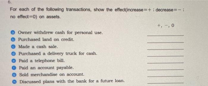 Solved 6. For each of the following transactions, show the | Chegg.com