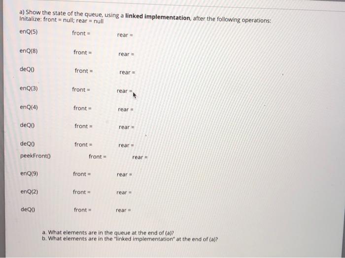 Solved a) Show the state of the queue, using a linked | Chegg.com