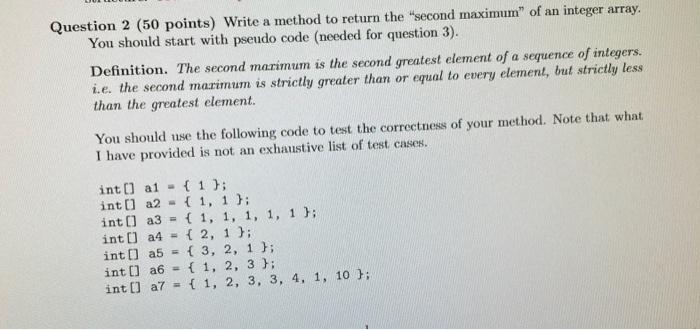 Solved Question 2 (50 points) Write a method to return the | Chegg.com