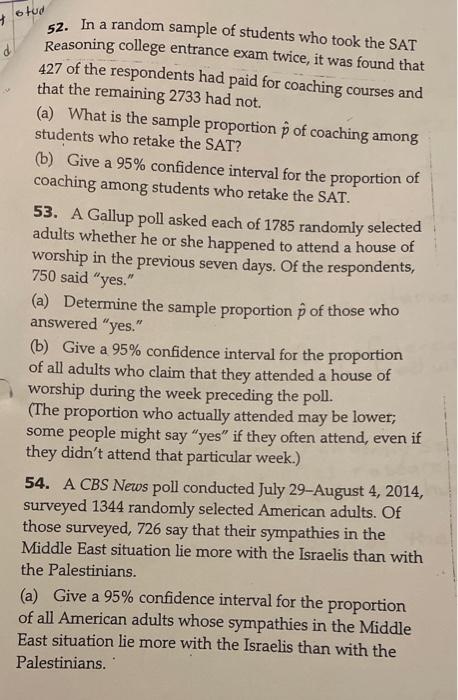 Solved stup d 52. In a random sample of students who took | Chegg.com