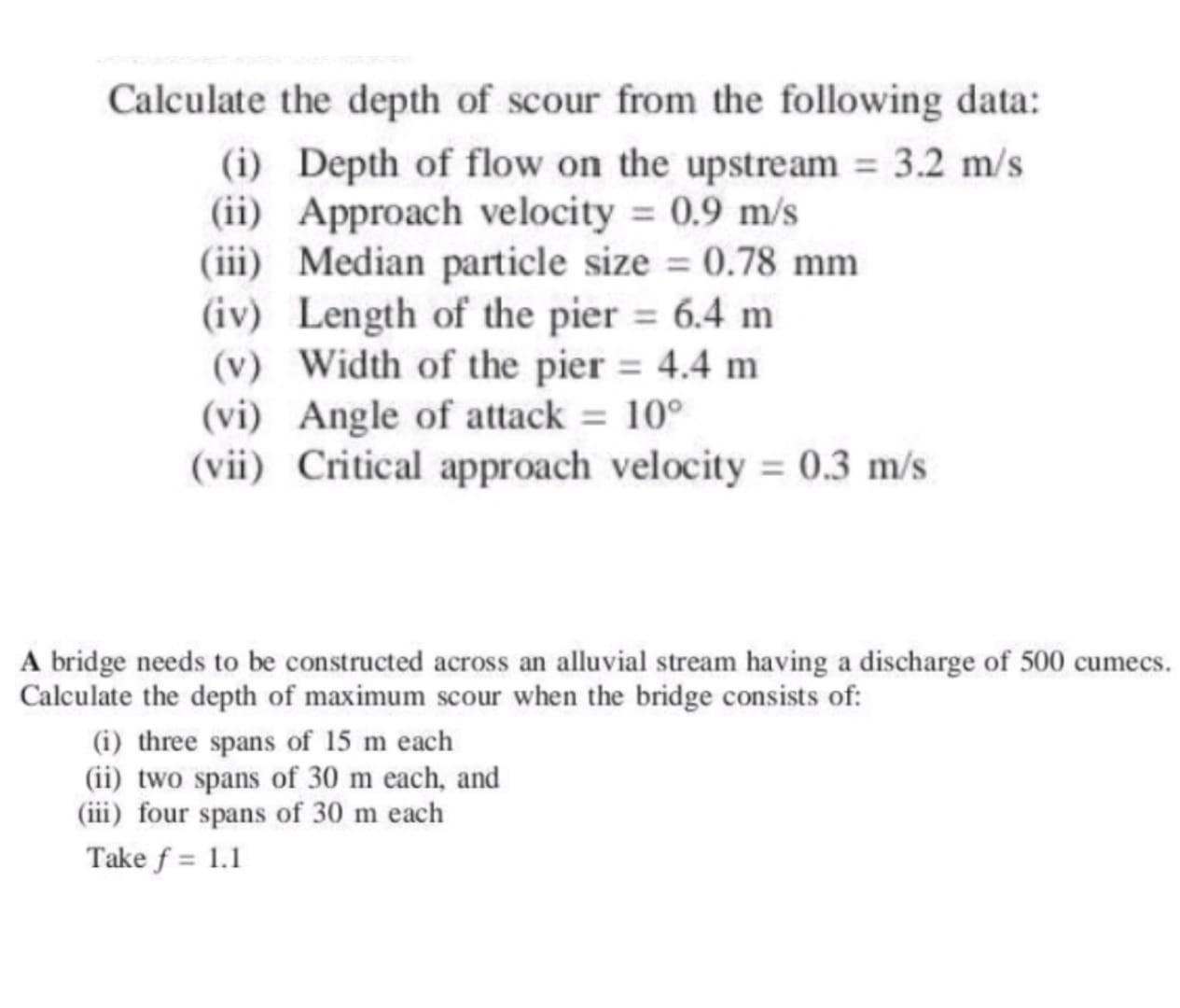 Solved Calculate the depth of scour from the following data: | Chegg.com