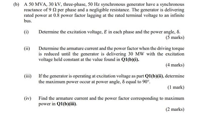 Solved (b) A 50 MVA, 30 kV, three-phase, 50 Hz synchronous | Chegg.com