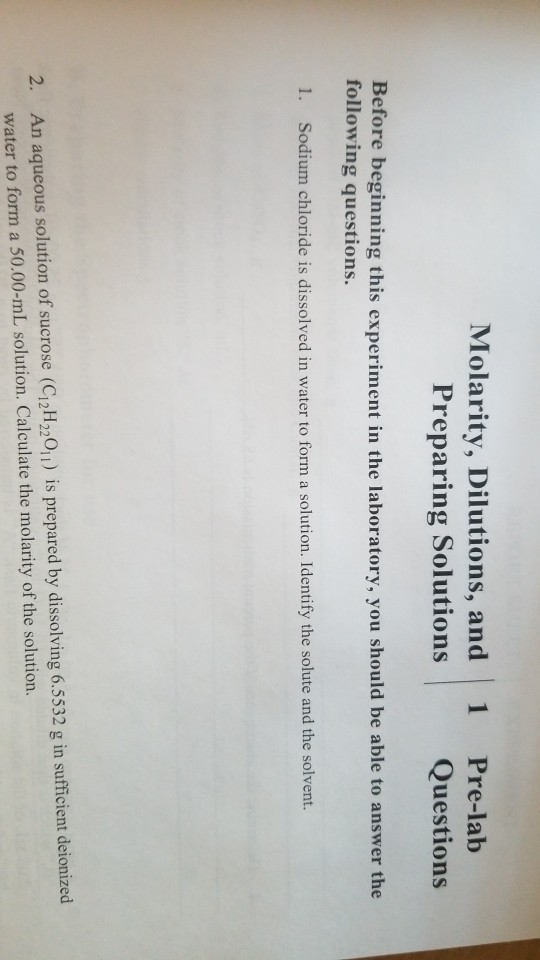 Solved 1 Molarity, Dilutions, and Preparing Solutions