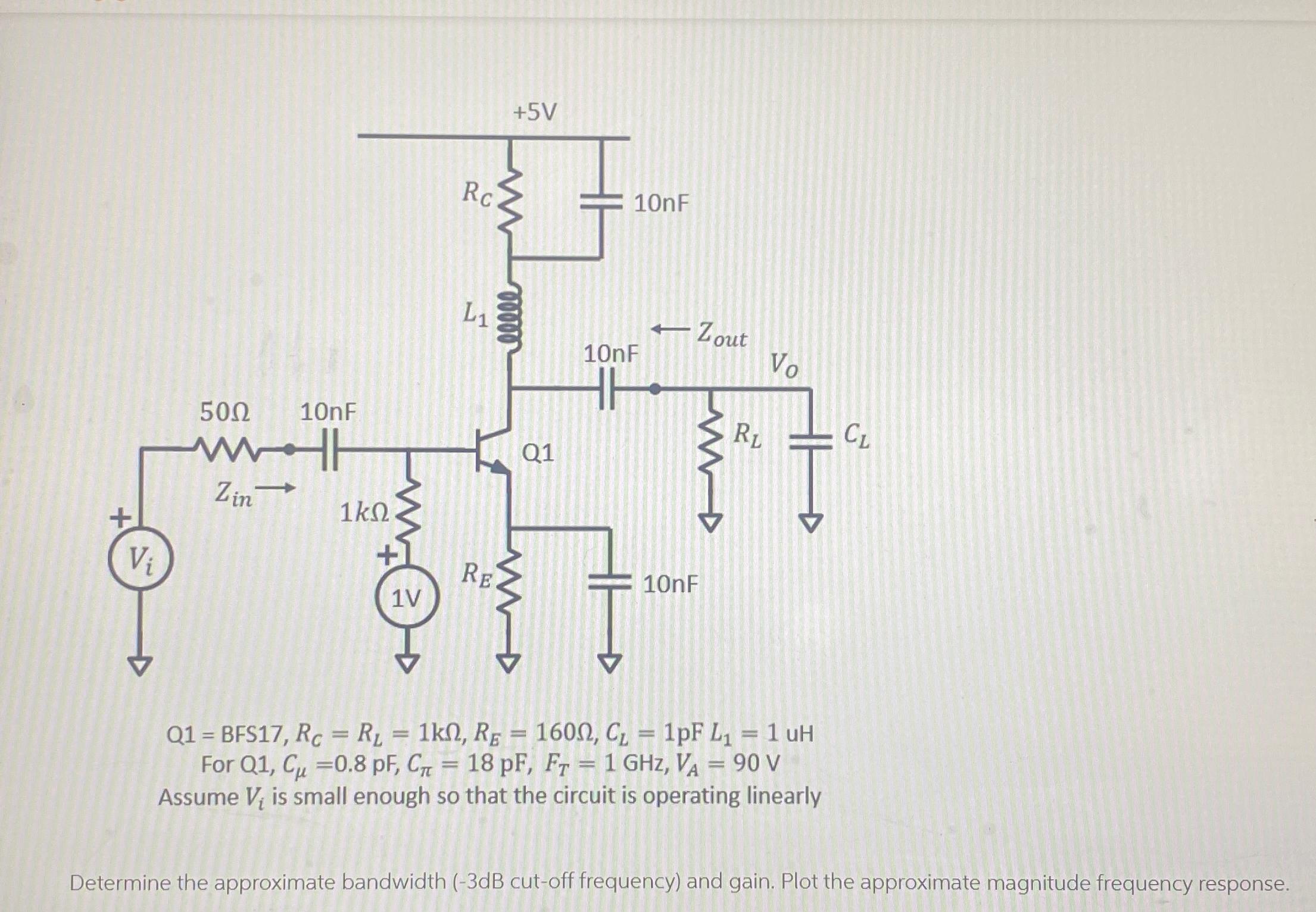 Solved Q1=BFS17,RC=RL=1kΩ,RE=160Ω,CL=1pFL1=1uHFor | Chegg.com