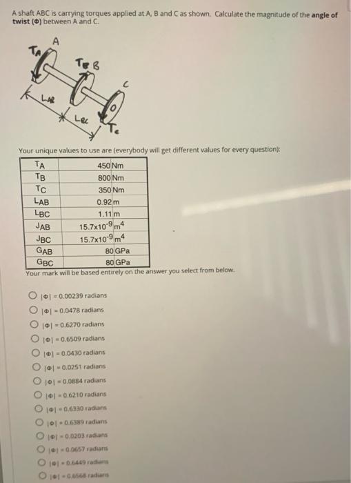 Solved A shaft ABC is carrying torques applied at A, B and C | Chegg.com