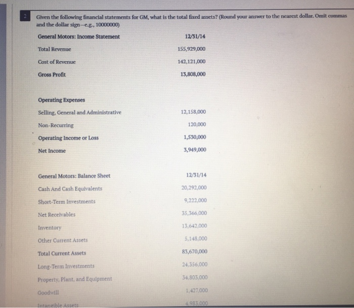 Solved Given the following financial statements for GM, what