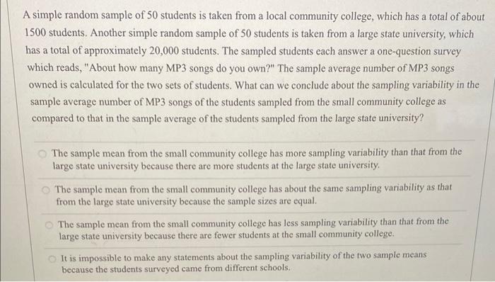 Solved A simple random sample of 50 students is taken from a | Chegg.com