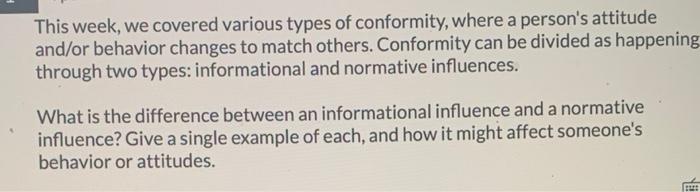 Solved This week, we covered various types of conformity, | Chegg.com