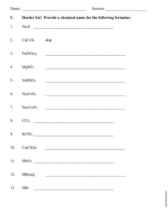 Solved Name: Section: Workshop 5 - Nomenclature Provide a | Chegg.com