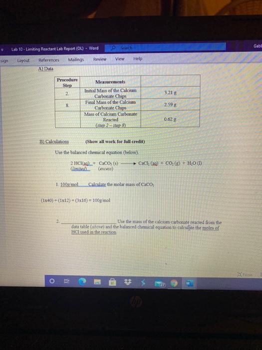 Solved Gabi Lab 10 - Limiting Reactant Lab Report (OL) - | Chegg.com