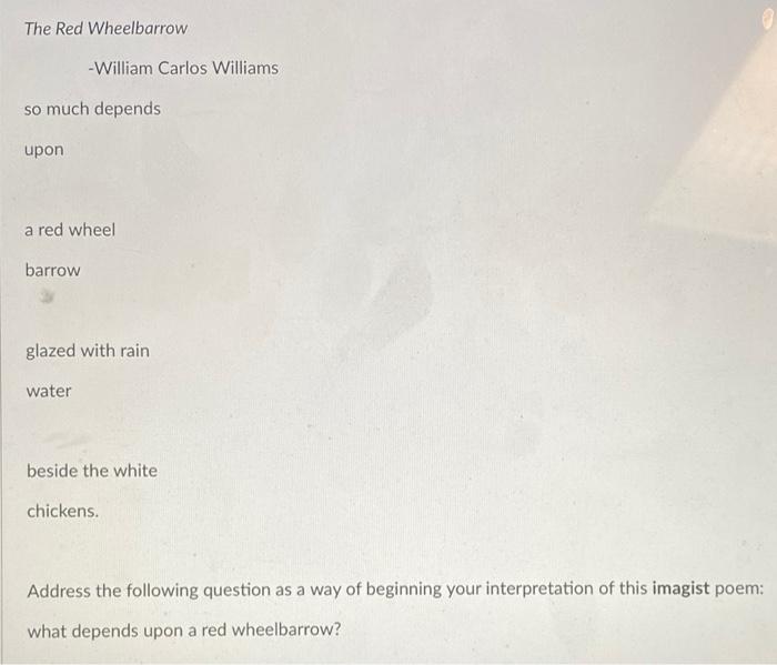 The Red Wheelbarrow-William Carlos Williamsso much dependsupona red wheelbarrowglazed with rainwaterbeside the white