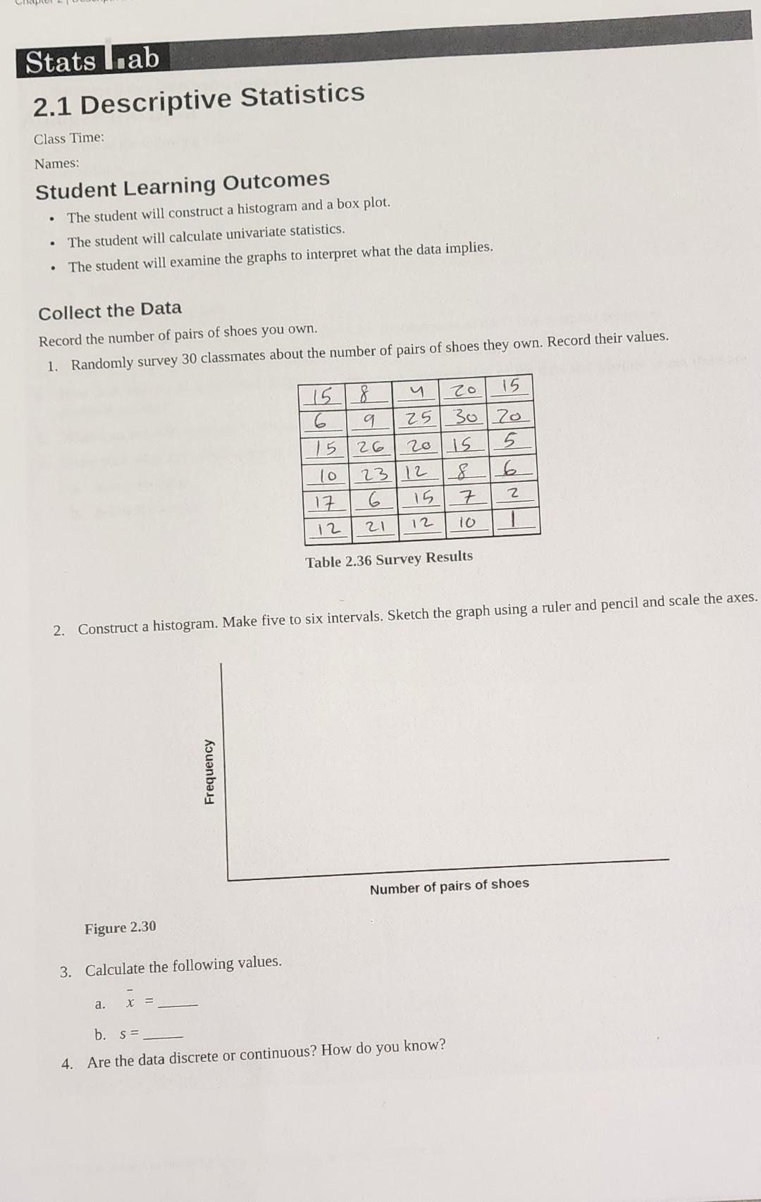 2.1 Descriptive Statistics Class Time Names Student