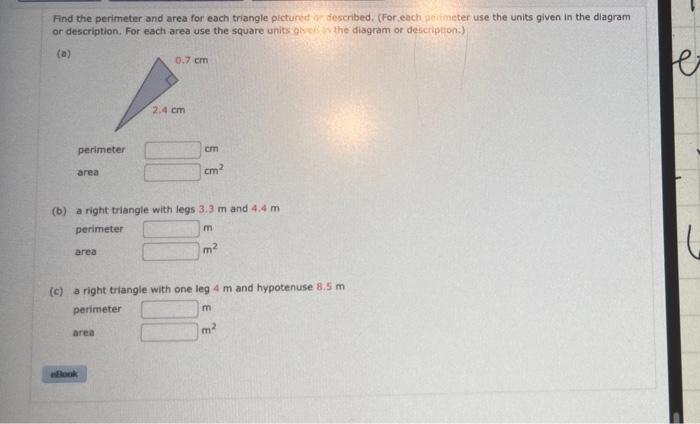 Solved Find the perimeter and area for each triangle | Chegg.com