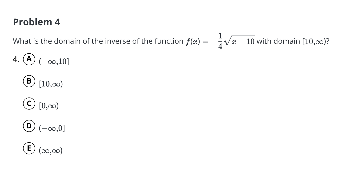 Solved Problem 4What is the domain of the inverse of the | Chegg.com