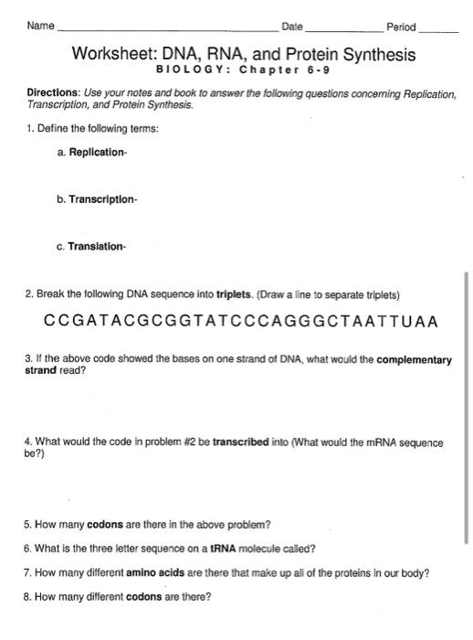 Solved Name Date Period Worksheet: DNA, RNA, and Protein | Chegg.com