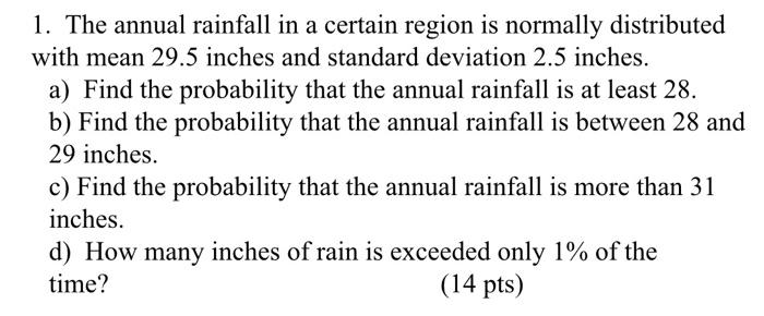 Solved 1. The annual rainfall in a certain region is | Chegg.com