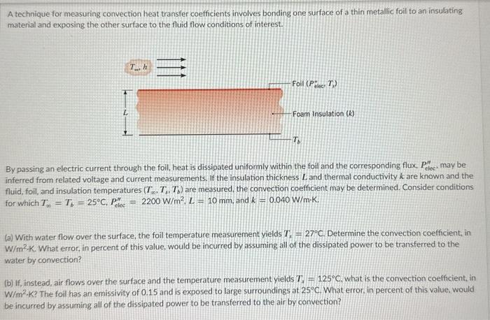 A technique for measuring convection heat transfer coefficients involves bonding one surface of a thin metallic foil to an in