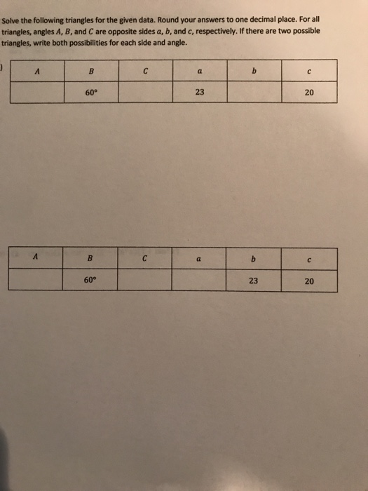 Solved Solve the following triangles for the given data. | Chegg.com