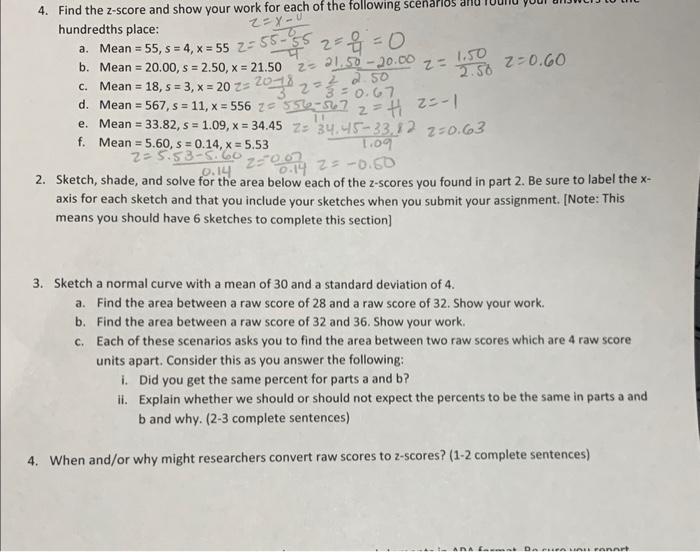 Solved 4. Find the z-score and show your work for each of | Chegg.com
