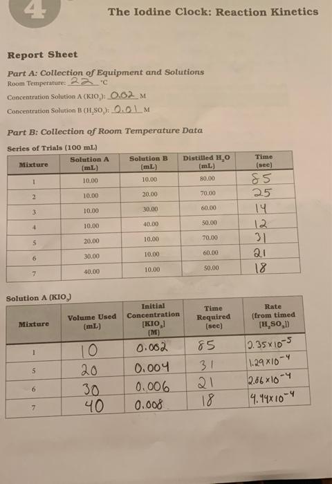 Solved 4 The Iodine Clock: Reaction Kinetics Report Sheet | Chegg.com