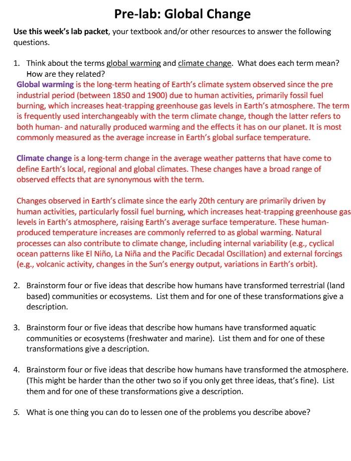Solved Pre-lab: Global Change Use this week's lab packet, | Chegg.com