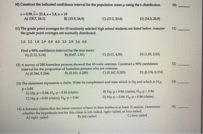 Solved 10) Construct the indicated confidence interval for | Chegg.com