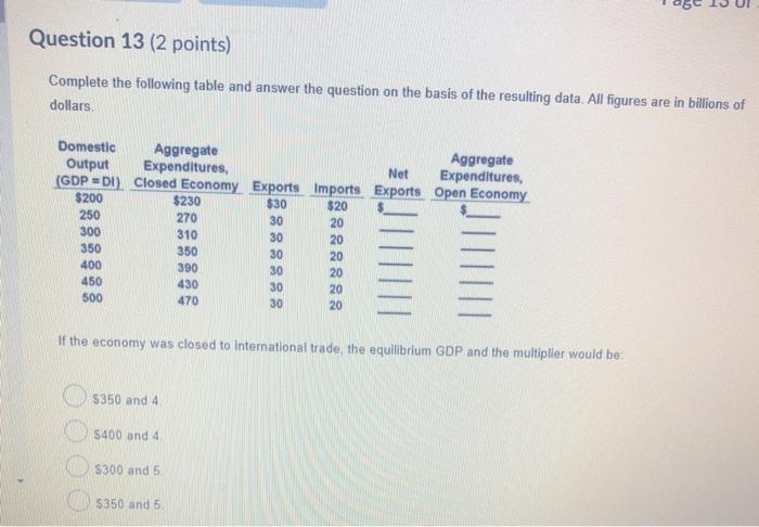 Solved Question 13 (2 points) Complete the following table | Chegg.com