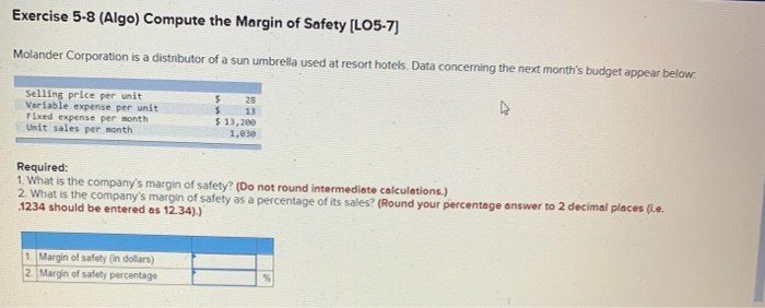 Solved Exercise 5-8 (Algo) Compute the Margin of Safety | Chegg.com