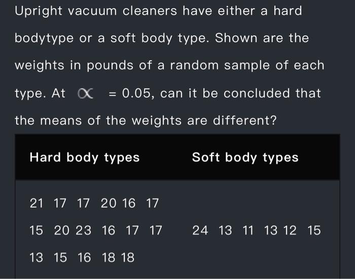 Solved Upright vacuum cleaners have either a hard bodytype