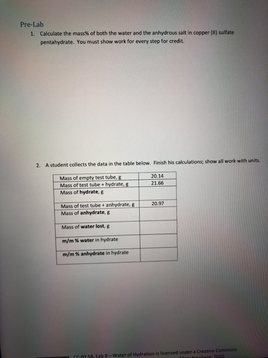 Pre Lab 1 Calculate The Mass Of Both The Water And Chegg 