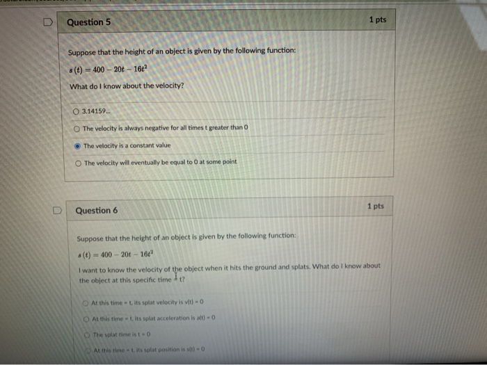 Solved Question 5 1 pts Suppose that the height of an object | Chegg.com