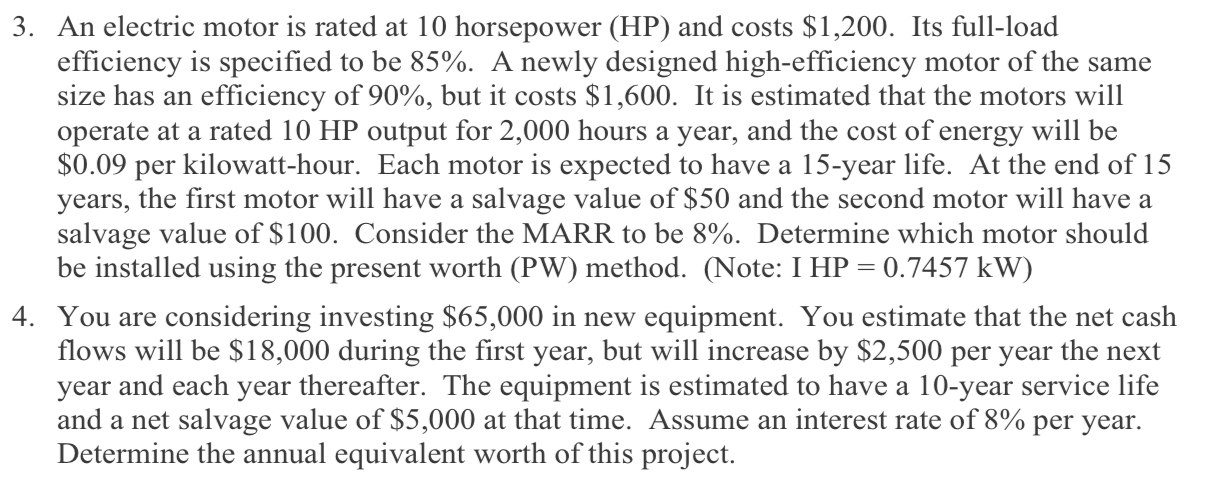 Solved An electric motor is rated at 10 ﻿horsepower (HP) | Chegg.com