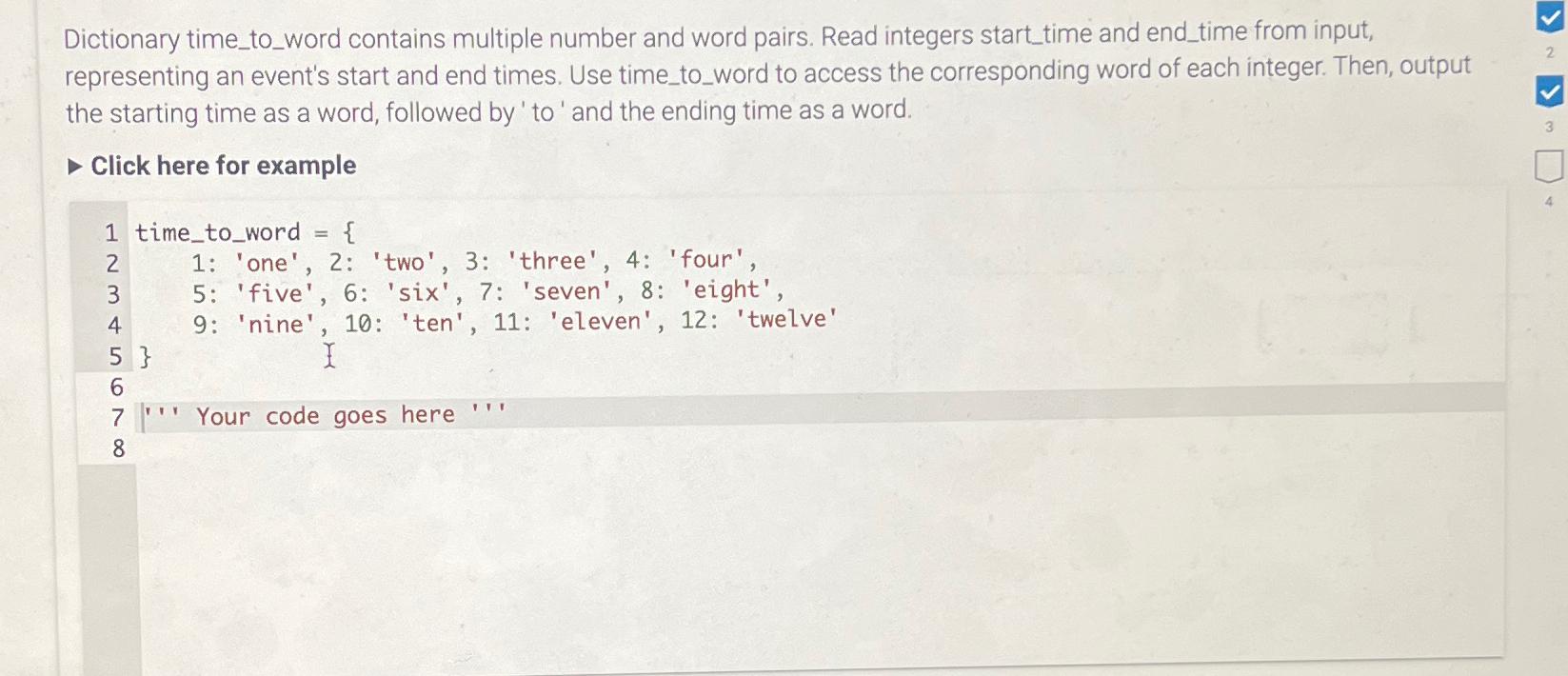 Solved Dictionary time_to_word contains multiple number and | Chegg.com