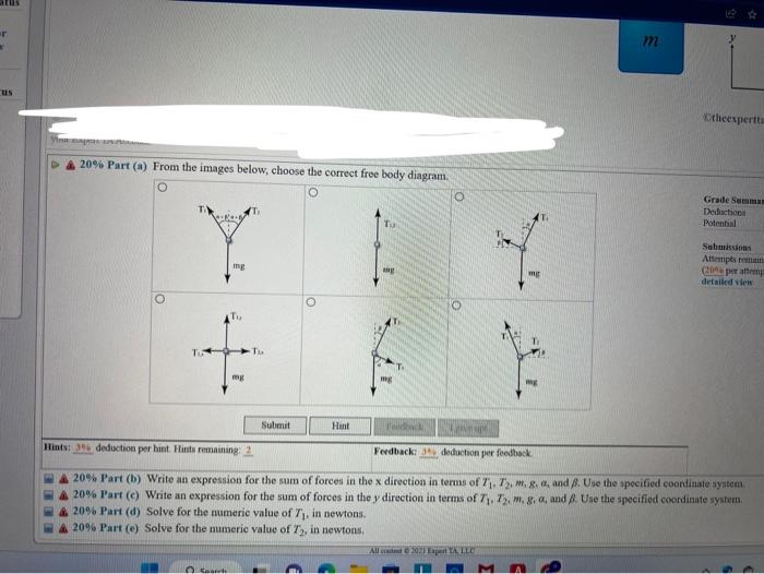 A \( 20 \% \) Part (a) From the images below, choose the correct free body diagram.
Hints:
deduction per hist Hints remaining