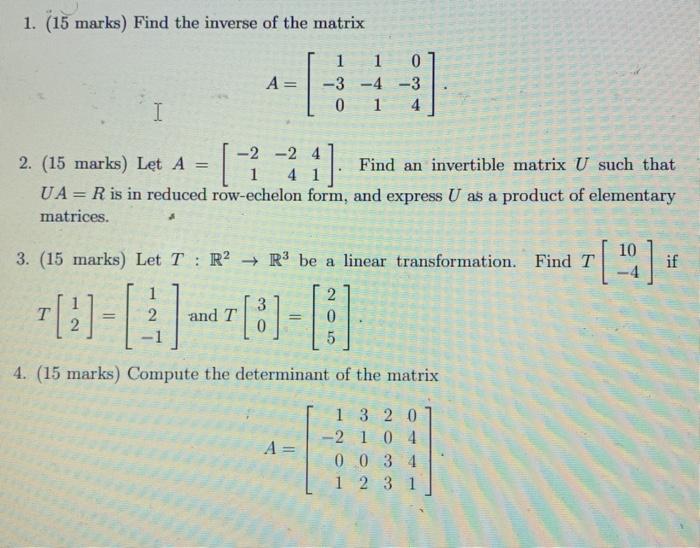 Solved 1. (15 marks) Find the inverse of the matrix A= 1 1 0 | Chegg.com