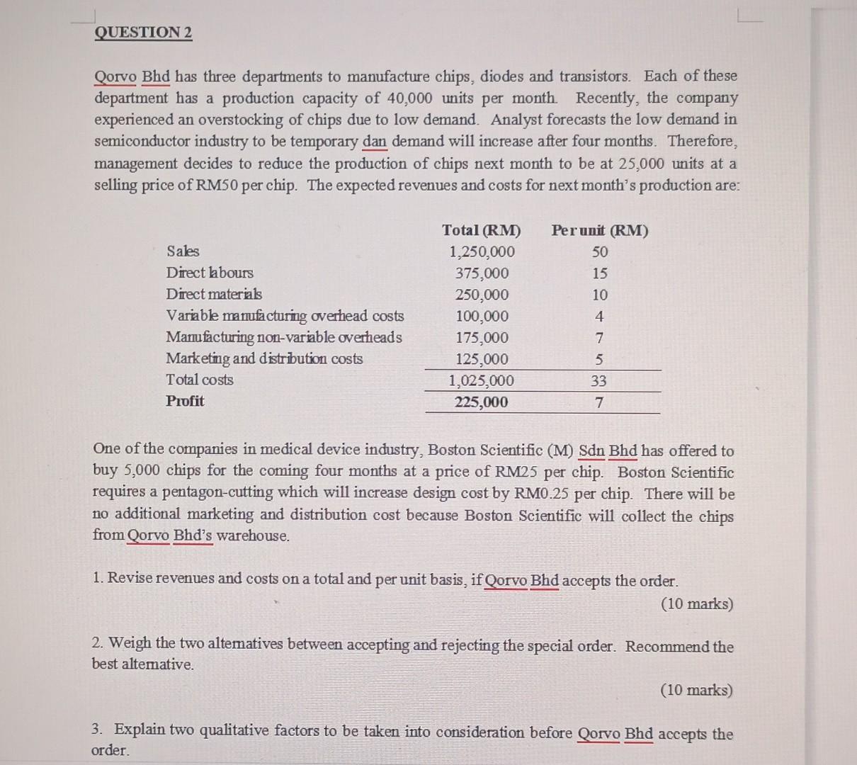 Solved Qorvo Bhd has three departments to manufacture chips,