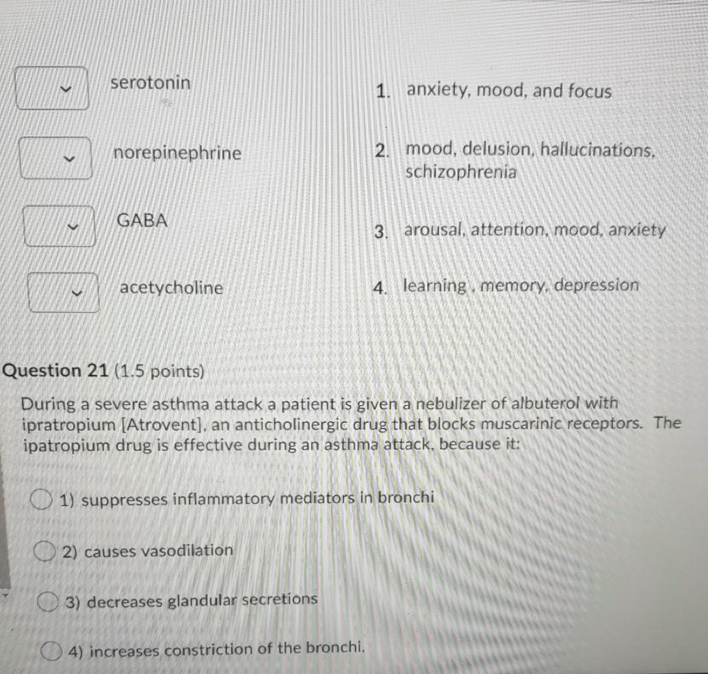 serotonin v 1. anxiety, mood, and focus norepinephrine < 2. mood, delusion, hallucinations. schizophrenia GABA > 3. arousal,”></p>
</div>
<p dir=