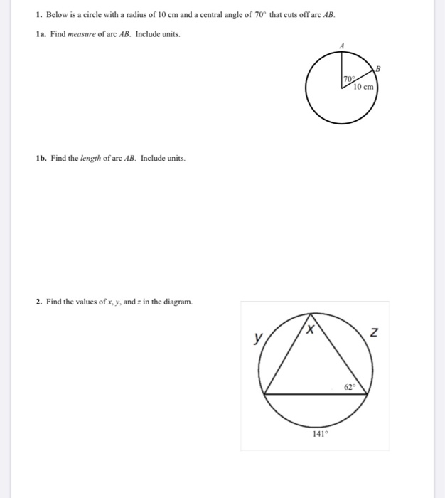 Solved 1. Below is a circle with a radius of 10 cm and a | Chegg.com