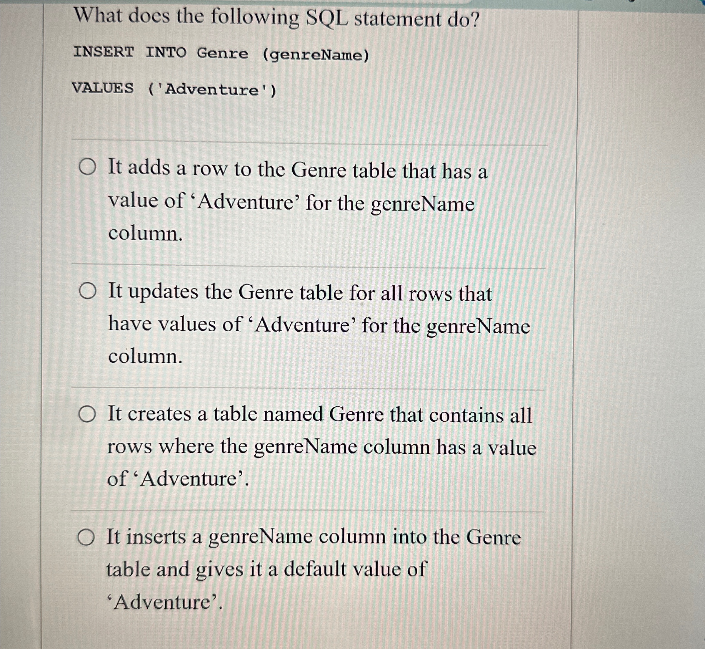 Solved What does the following SQL statement do?INSERT INTO | Chegg.com