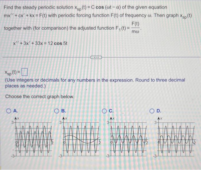 Solved Find the steady periodic solution xsp(t)=Ccos(ωt−α) | Chegg.com