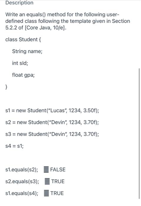 Solved Description Write an equals() method for the | Chegg.com