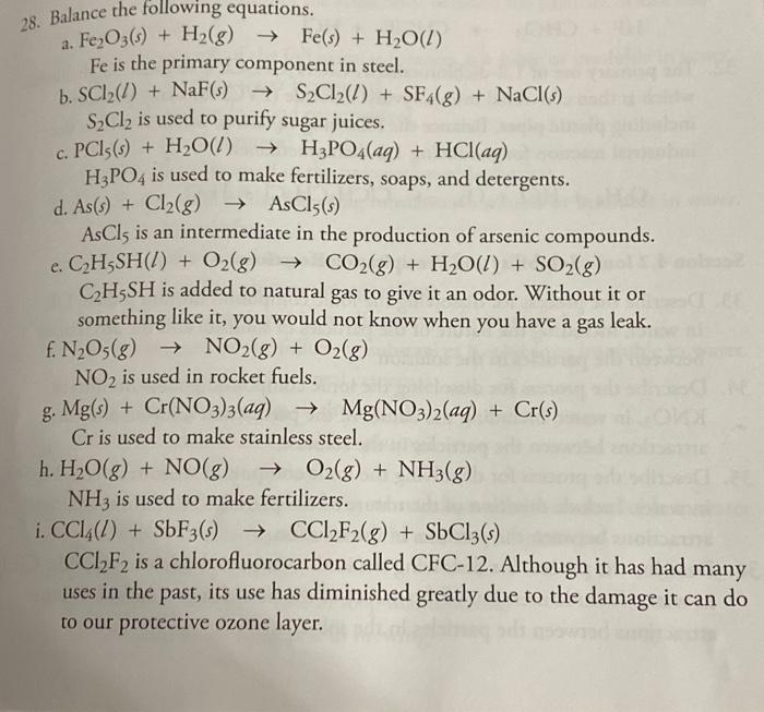 Solved 28. Balance The Following Equations. A. Fe2O3(-) + | Chegg.com