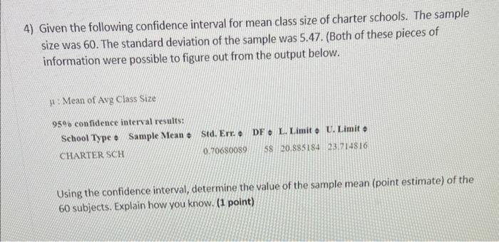Solved 4) Given the following confidence interval for mean | Chegg.com