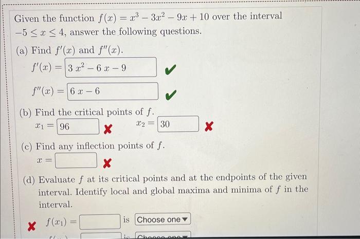 Solved Given The Function Fxx3−3x2−9x10 Over The 9762