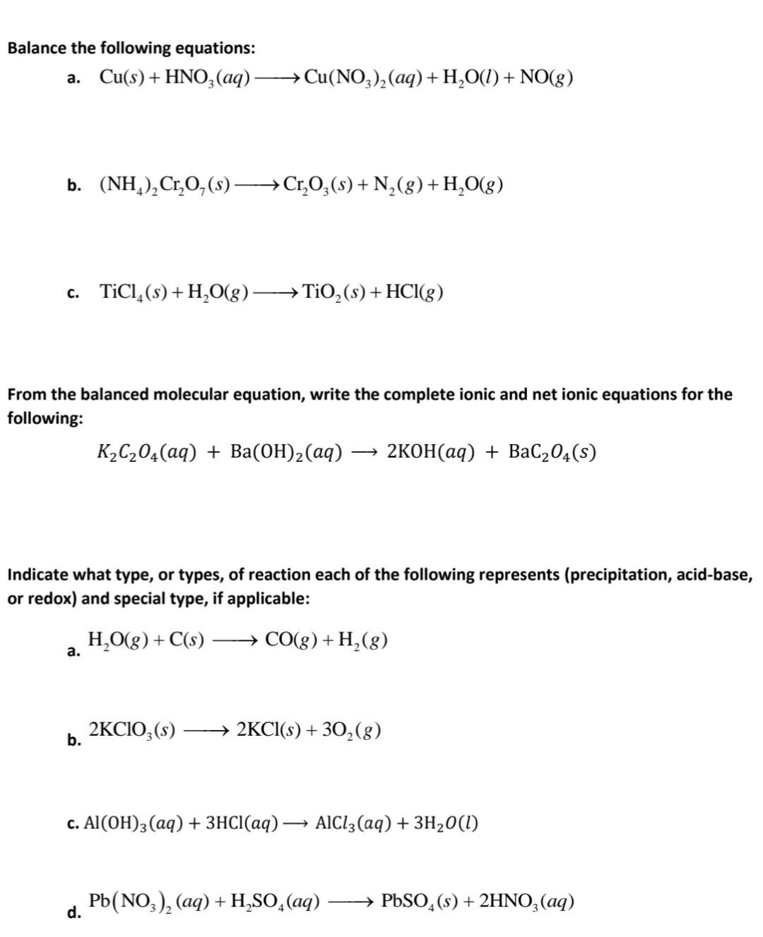 Solved Balance the following equations: a. | Chegg.com