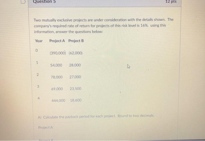Solved Question 5 12 pts Two mutually exclusive projects are | Chegg.com