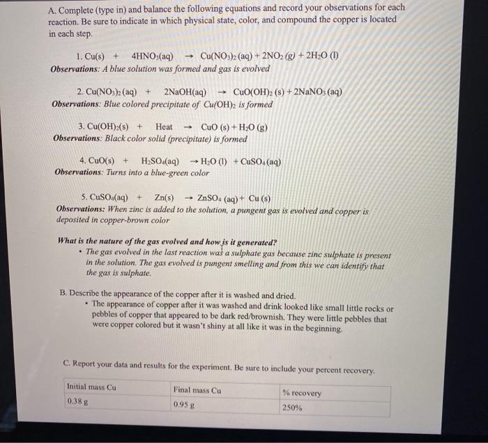 Solved CYCLE OF COPPER REACTIONS D. Discussion If your