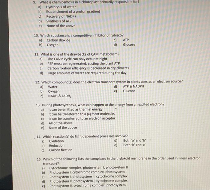 Solved 9. What is chemiosmosis in a chloroplast primarily | Chegg.com