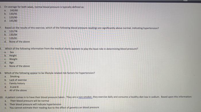 On Average For Both Sexes Normal Blood Pressure Is Chegg Com